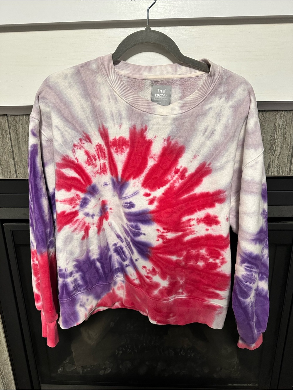 TNA Cozy AF Tie-Dye Crewneck Sweatshirt in Red & Purple
